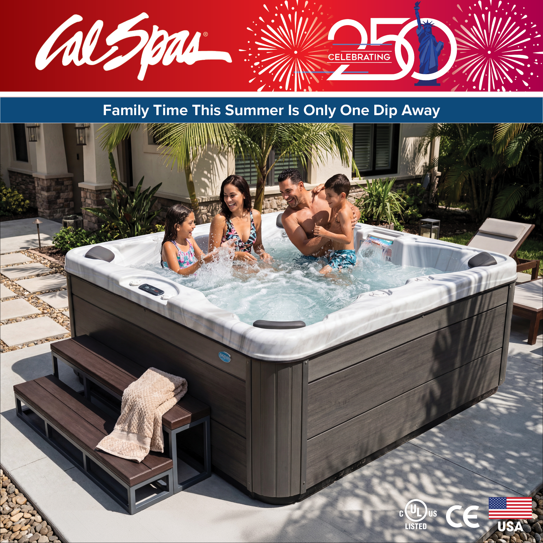 Calspas hot tub being used in a family setting - Plantation